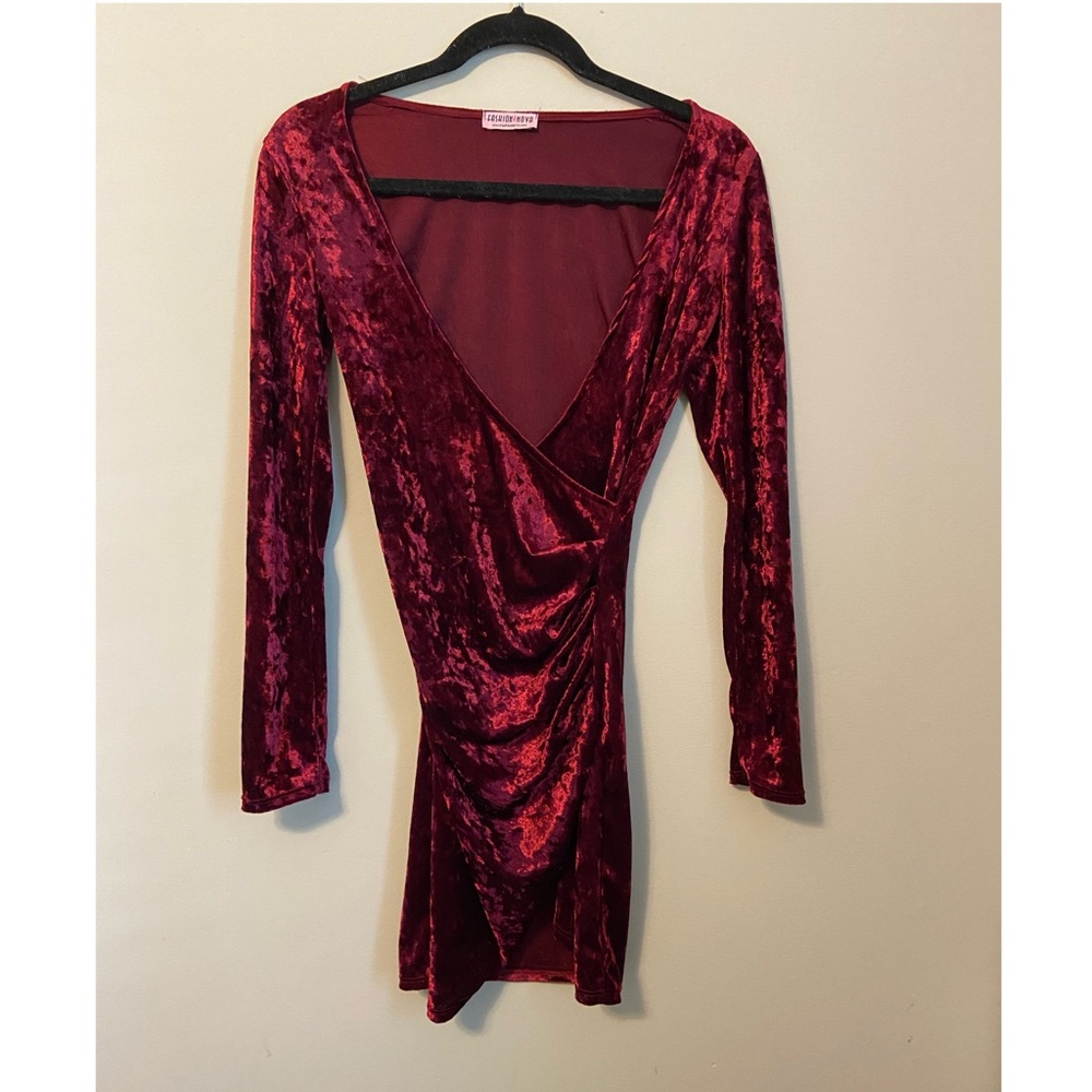 Fashion Nova Velour Long Sleeve V Line Dress With Thigh Slit - Red/ Burgundy